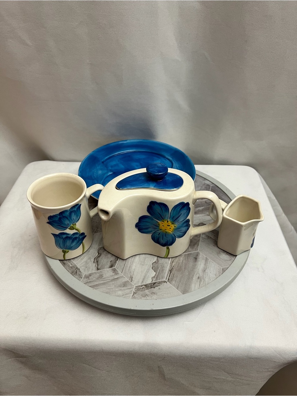 Hand Painted Blue Floral Ceramic Tea Set Teapot Mug Creamer Plate 4 Piece